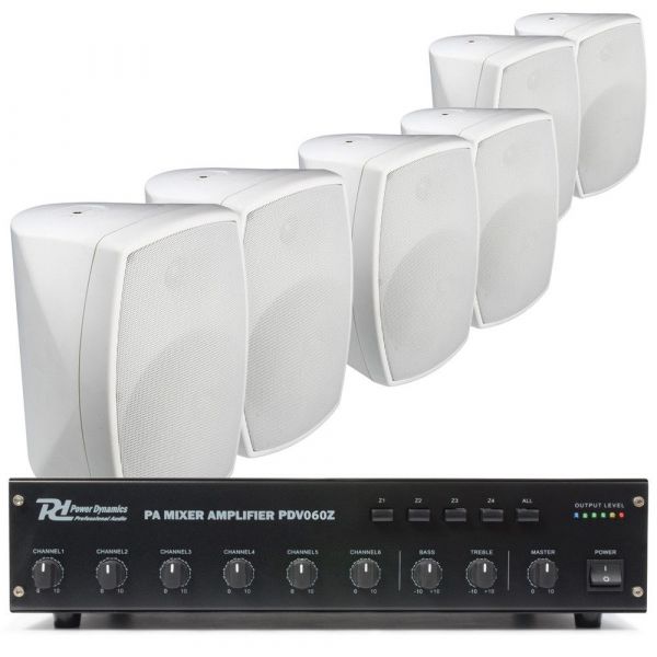 Beneden afronden bijeenkomst zwanger Power Dynamics 100V set met 6 witte opbouw speakers kopen?