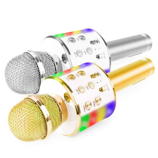 MAX KM15 Bluetooth Karaoke microfoons - Set van 2 - Met LED's en mp3 - Zilver + Goud