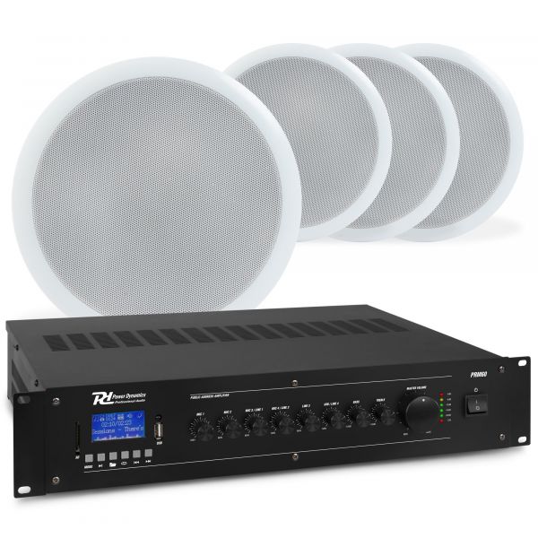 Power Dynamics 100V geluidsinstallatie met versterker (60W), Bluetooth en 4 inbouw speakers 5''