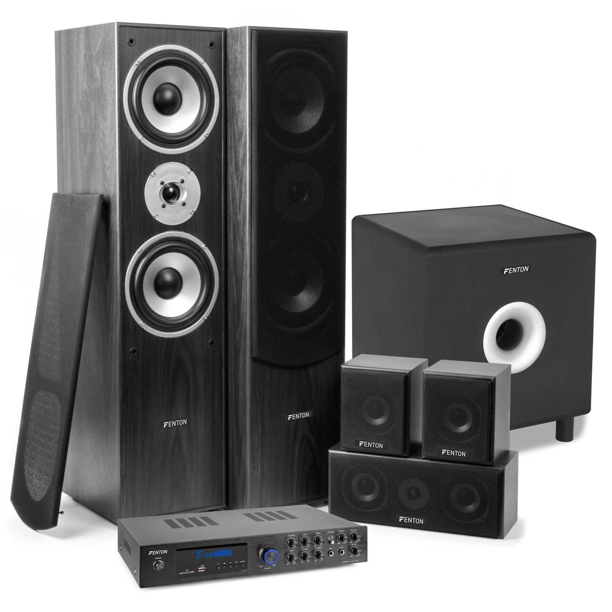 Beter meisje pop Fenton home cinema set 5.1 - AV550BT 5.1 versterker met Bluetooth, zwarte  surround speakers en subwoofer kopen?