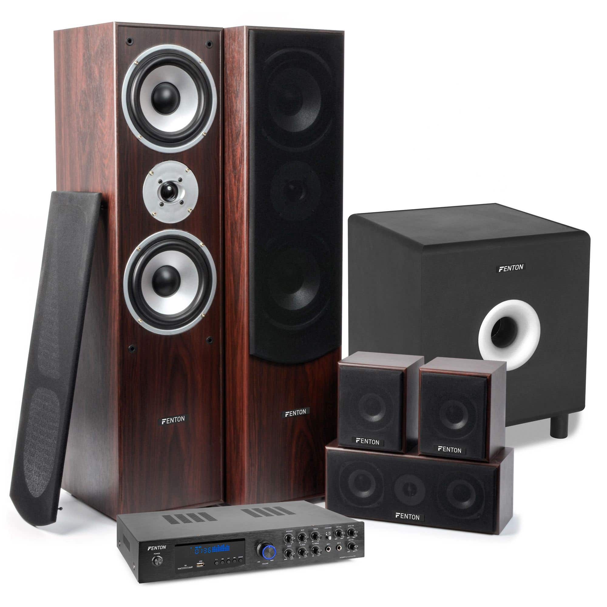 Fenton home cinema set 5.1 - AV550BT 5.1 versterker met walnoot surround speakers en subwoofer