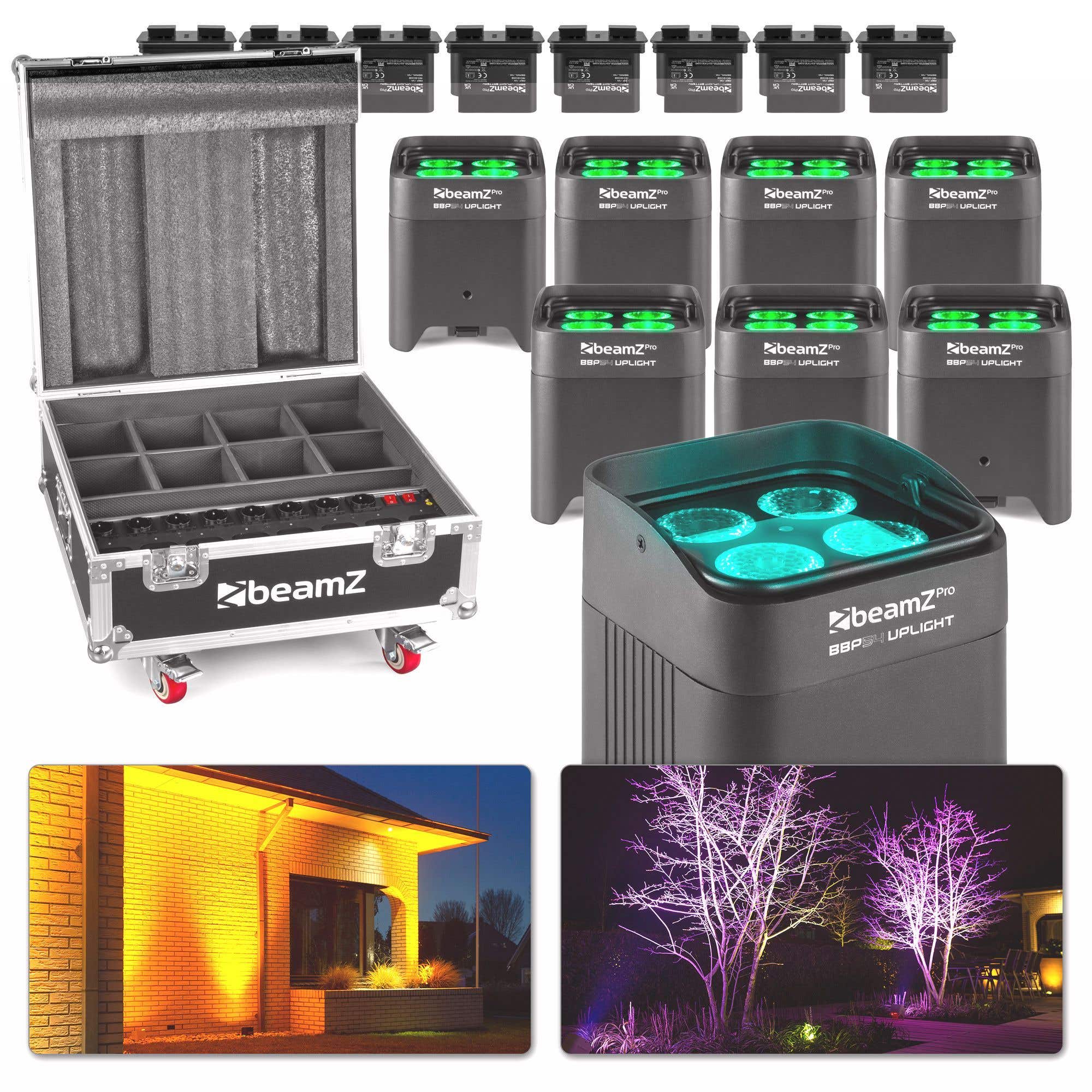 BeamZ BBP54 set van 8 uplights met 8 extra accu's + flightcase met oplaadfunctie
