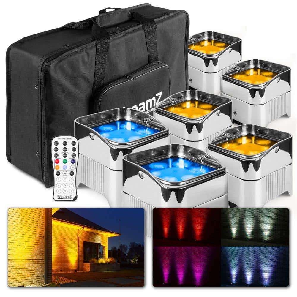 BeamZ BBP96S - Set van 6 accu uplights met 12W LED's en tas / flightbag - Chroom