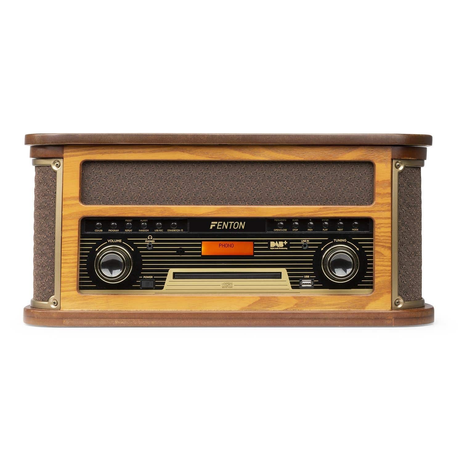 Fenton Memphis grammofoon platenspeler met Bluetooth, DAB & FM, CD, cassette en mp3 speler - Bruin