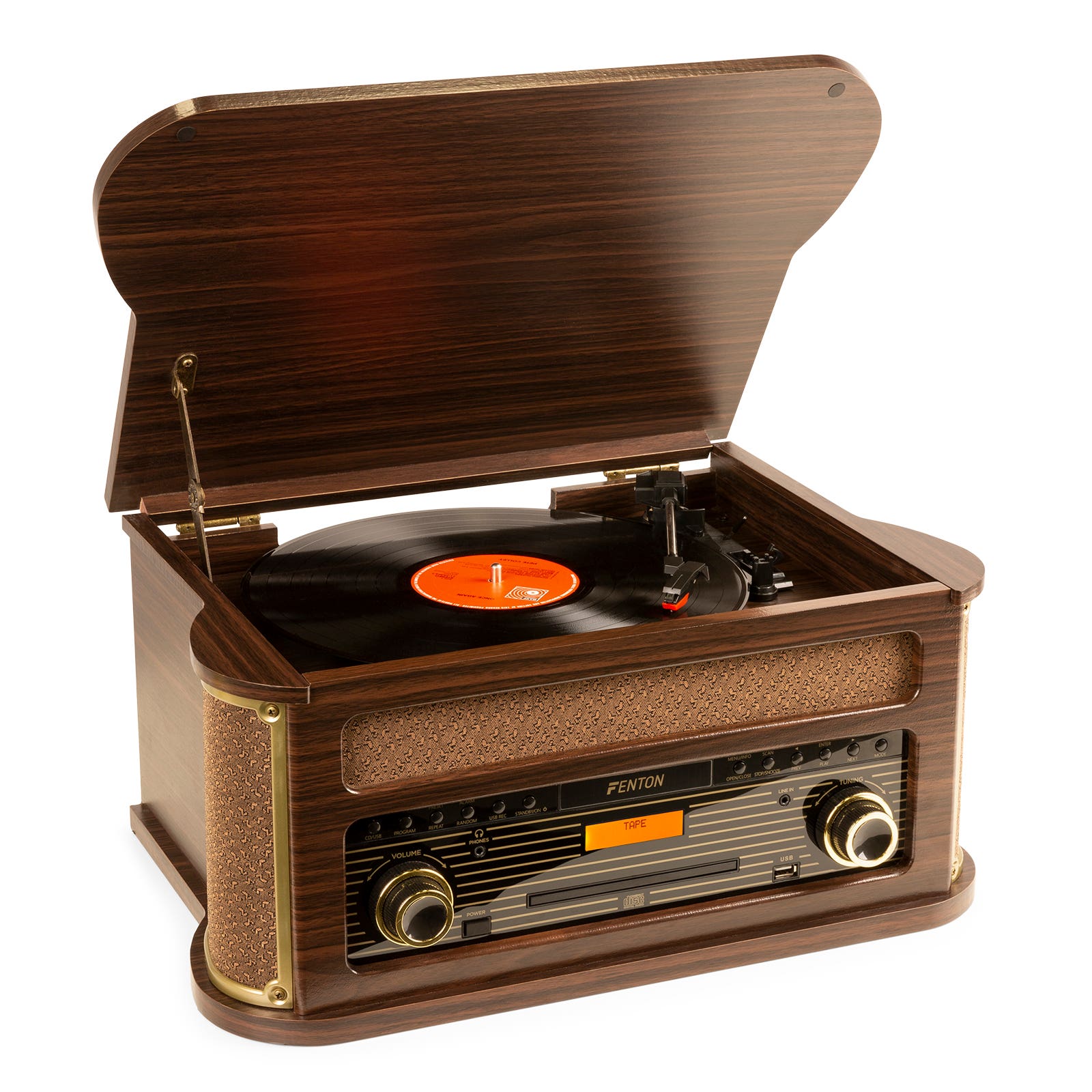 Retourdeal - Fenton Memphis platenspeler - Bluetooth, DAB & FM, CD, cassette en mp3 speler - Donkerbruin