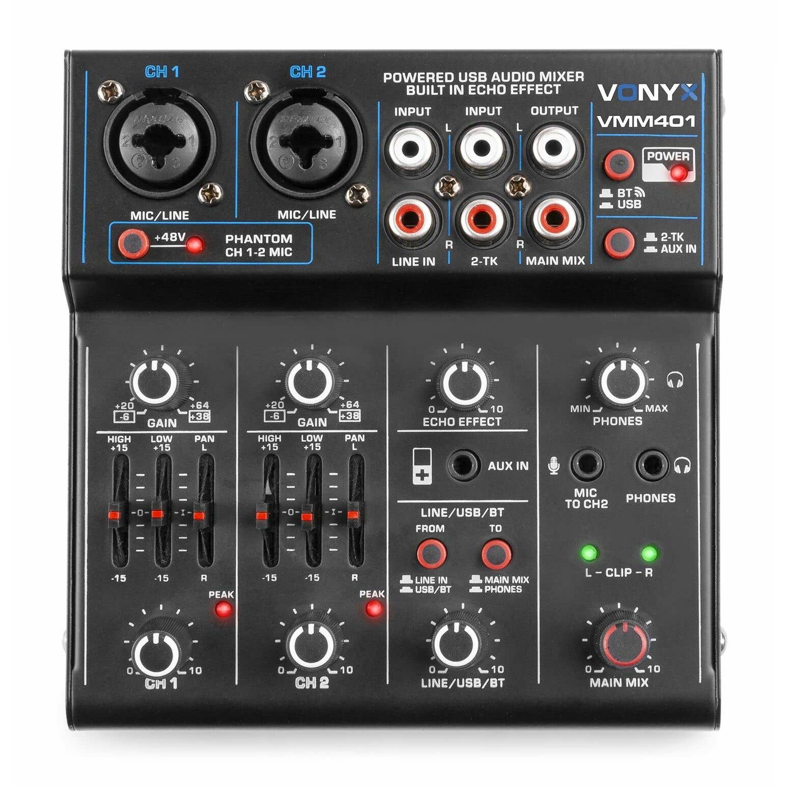 Vonyx VMM401 USB mixer - 4-kanaals mengpaneel met Bluetooth en USB audio interface