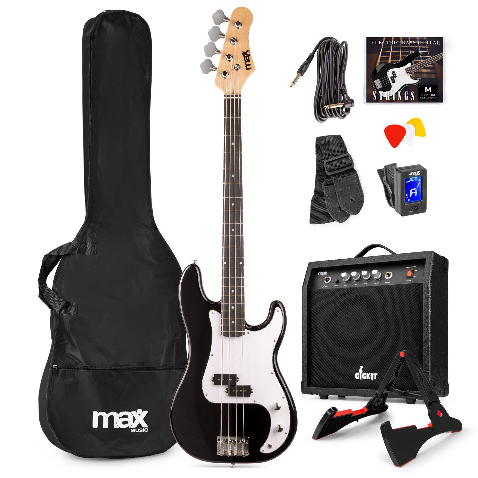 Max Gigkit Basgitaar met 40 Watt versterker - Gitaarstandaard - Gitaartas - Zwart