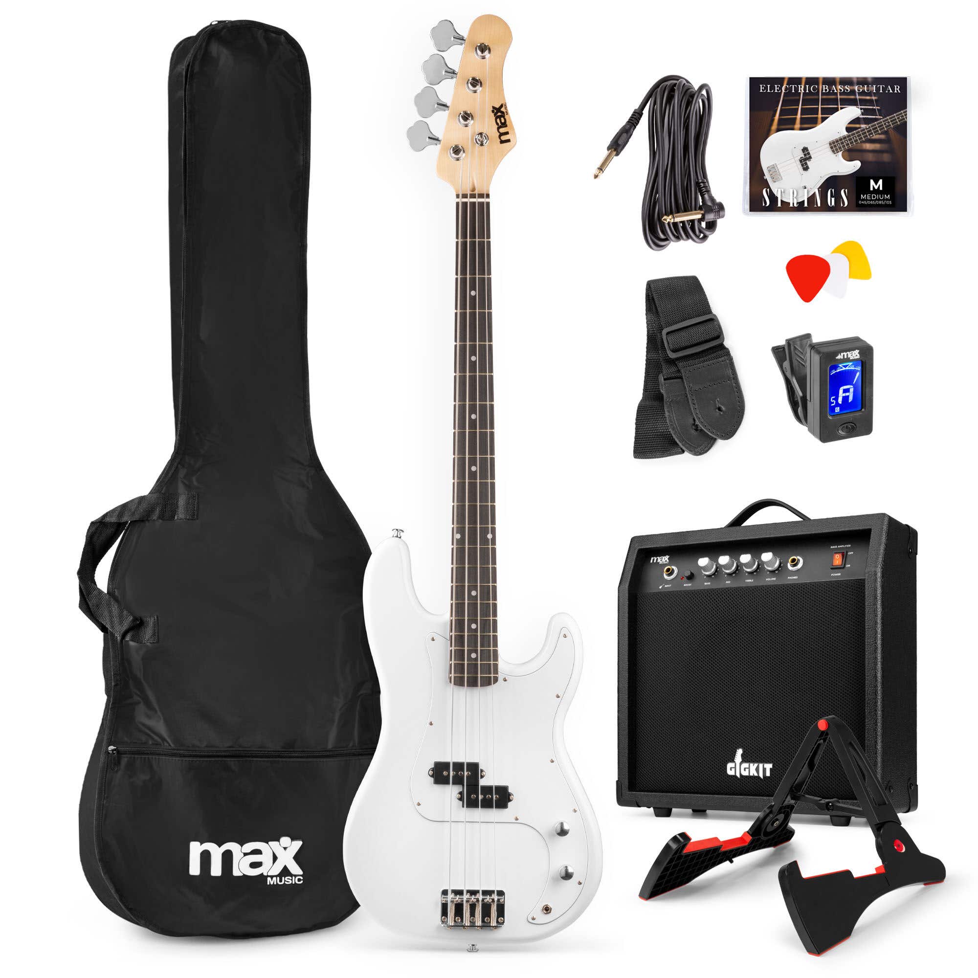 Max Gigkit Basgitaar met 40 Watt versterker - Gitaarstandaard - Gitaartas - Wit