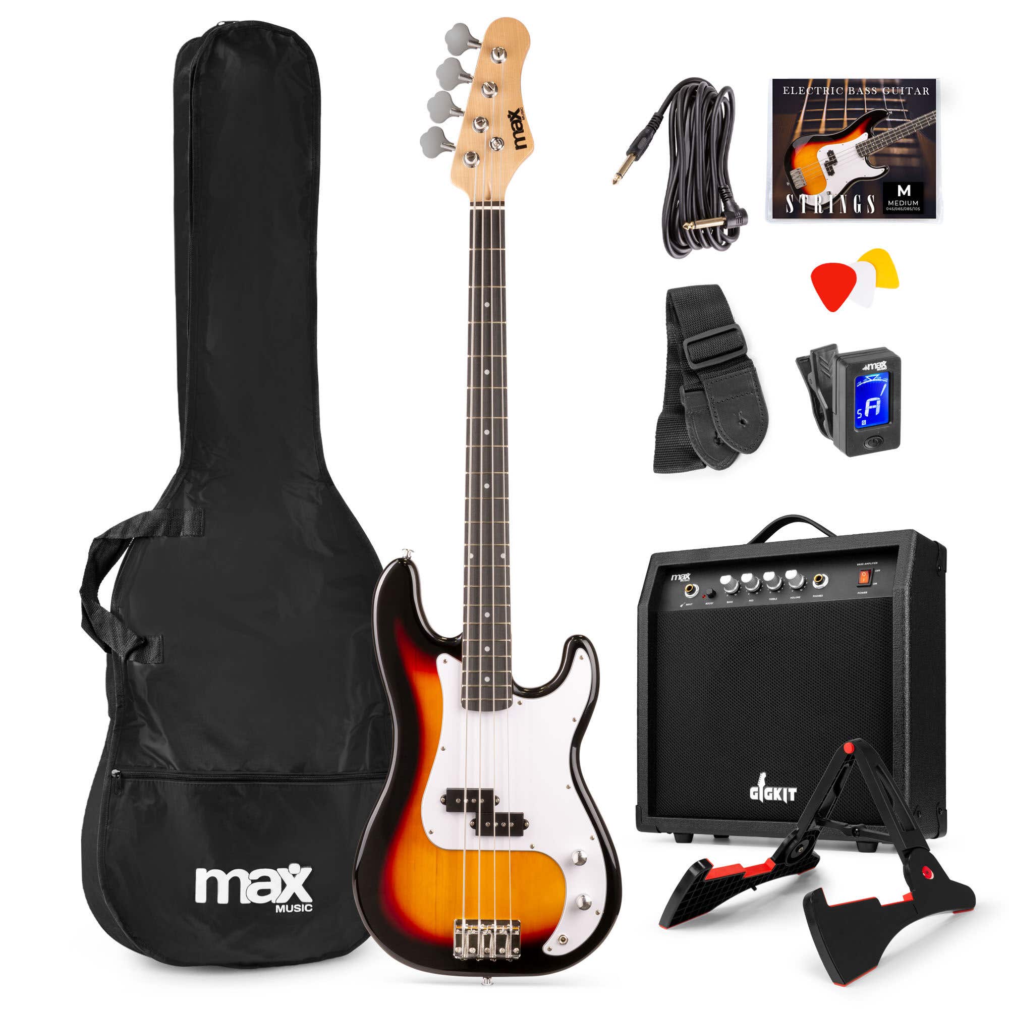 Max Gigkit Basgitaar met 40 Watt versterker - Gitaarstandaard - Gitaartas - Sunburst