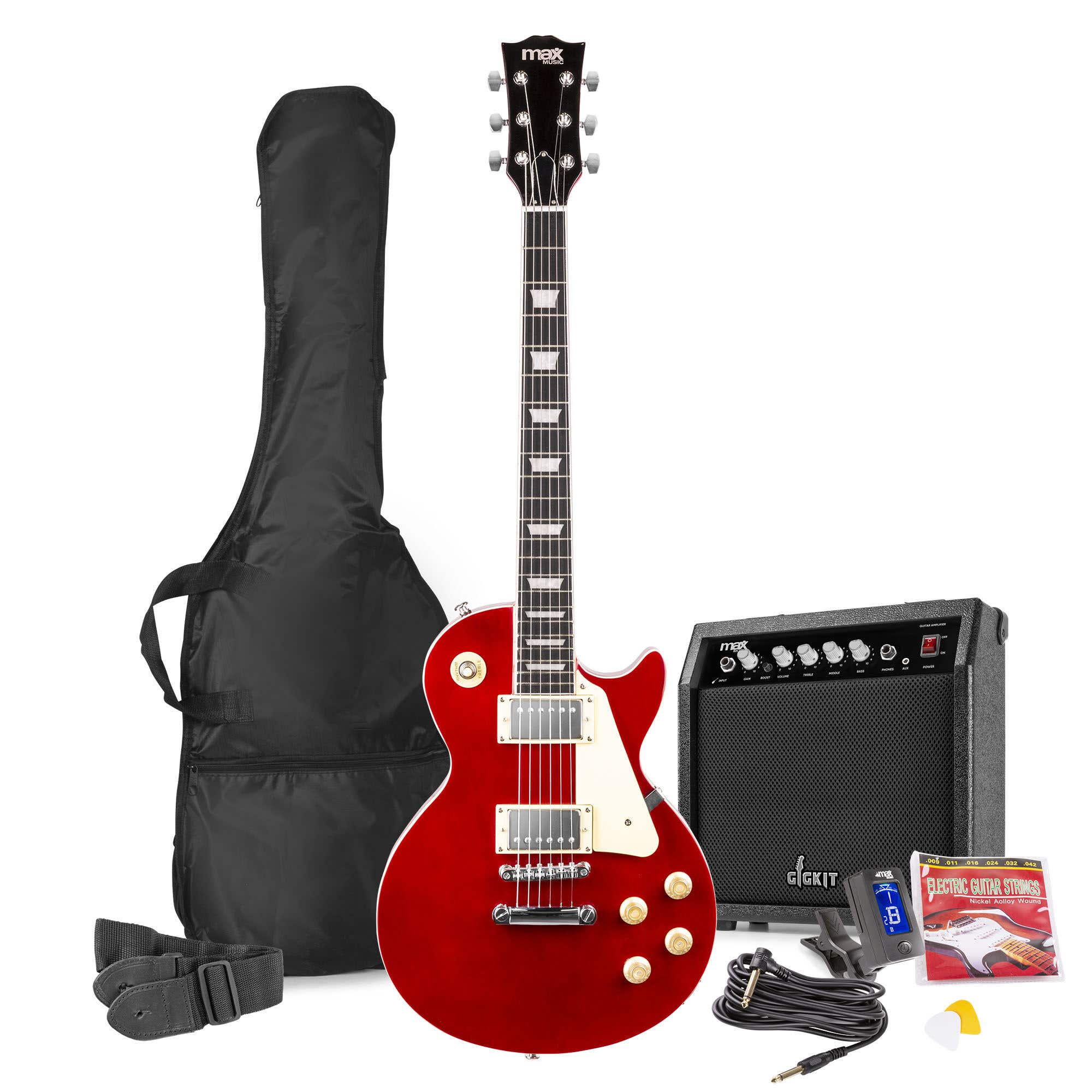 Max Gigkit LP Elektrische gitaar - complete set met 40 Watt versterker en accessoires - Donker rood