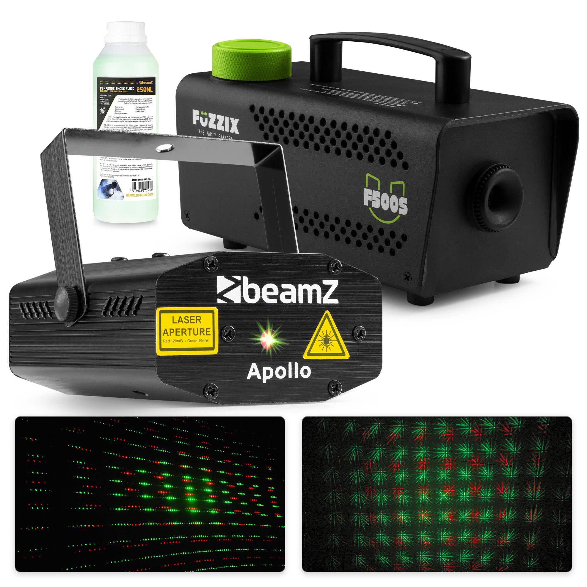BeamZ Apollo Multipoint laser met F500S rookmachine en rookvloeistof