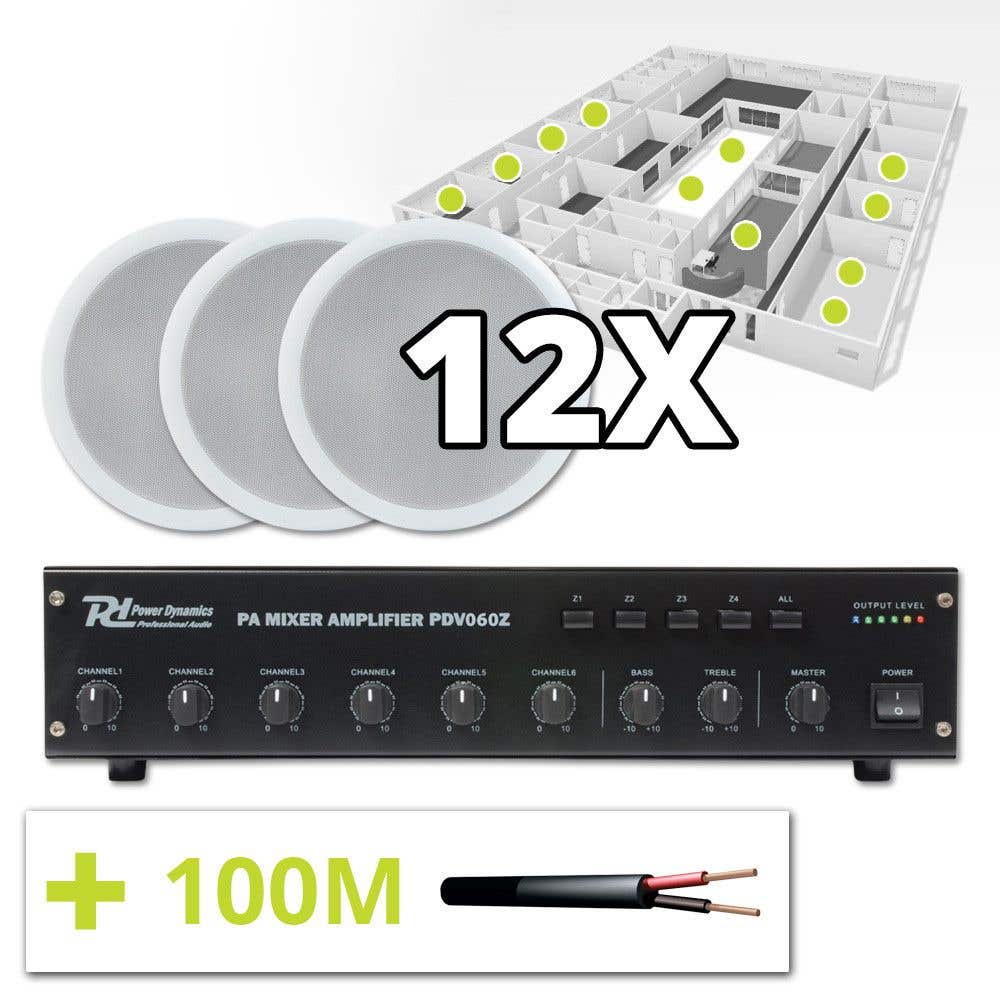 Power Dynamics 100V Speakers (set van 12) en 4-zone Versterker