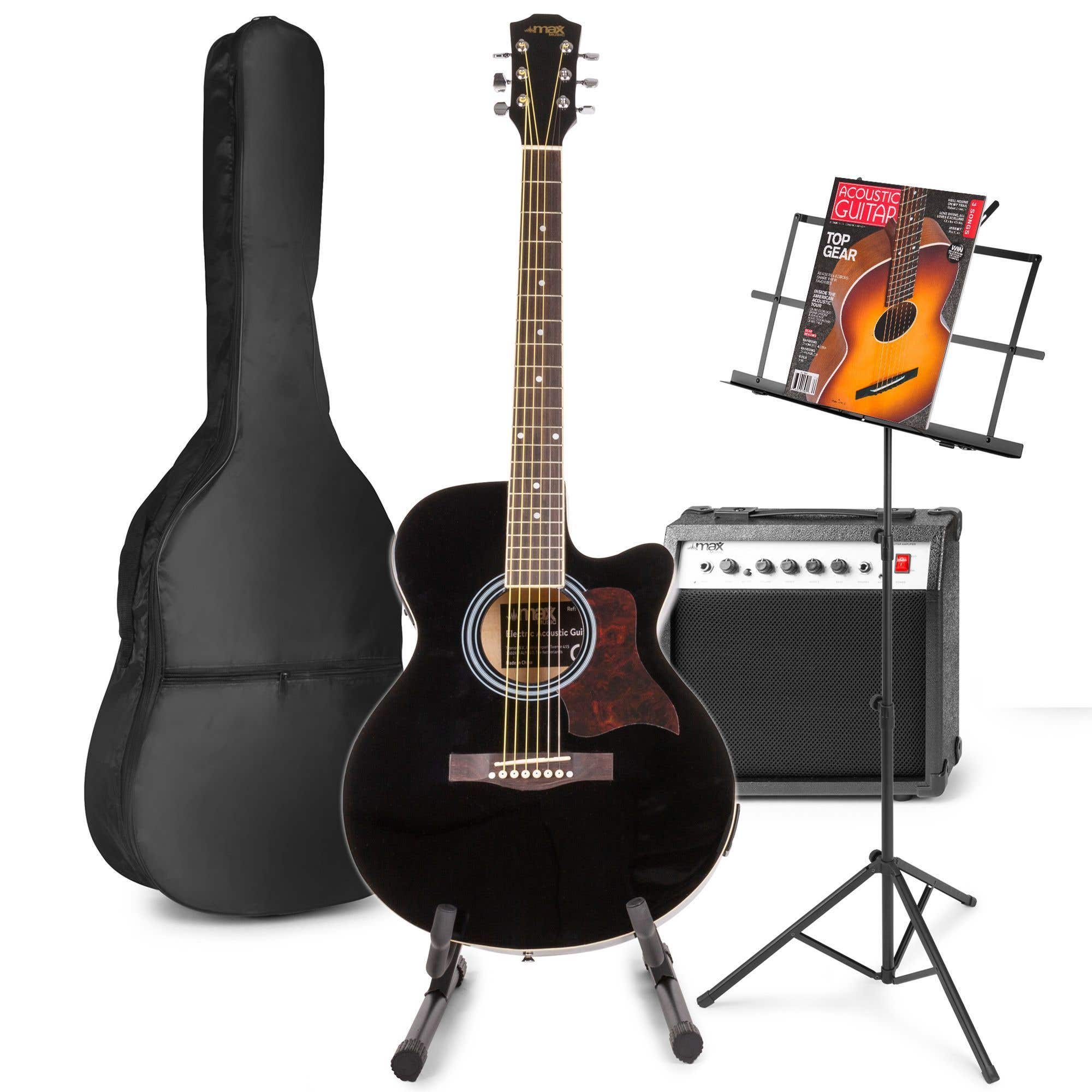 MAX ShowKit elektrisch akoestische gitaar met gitaar- en muziekstandaard - Zwart