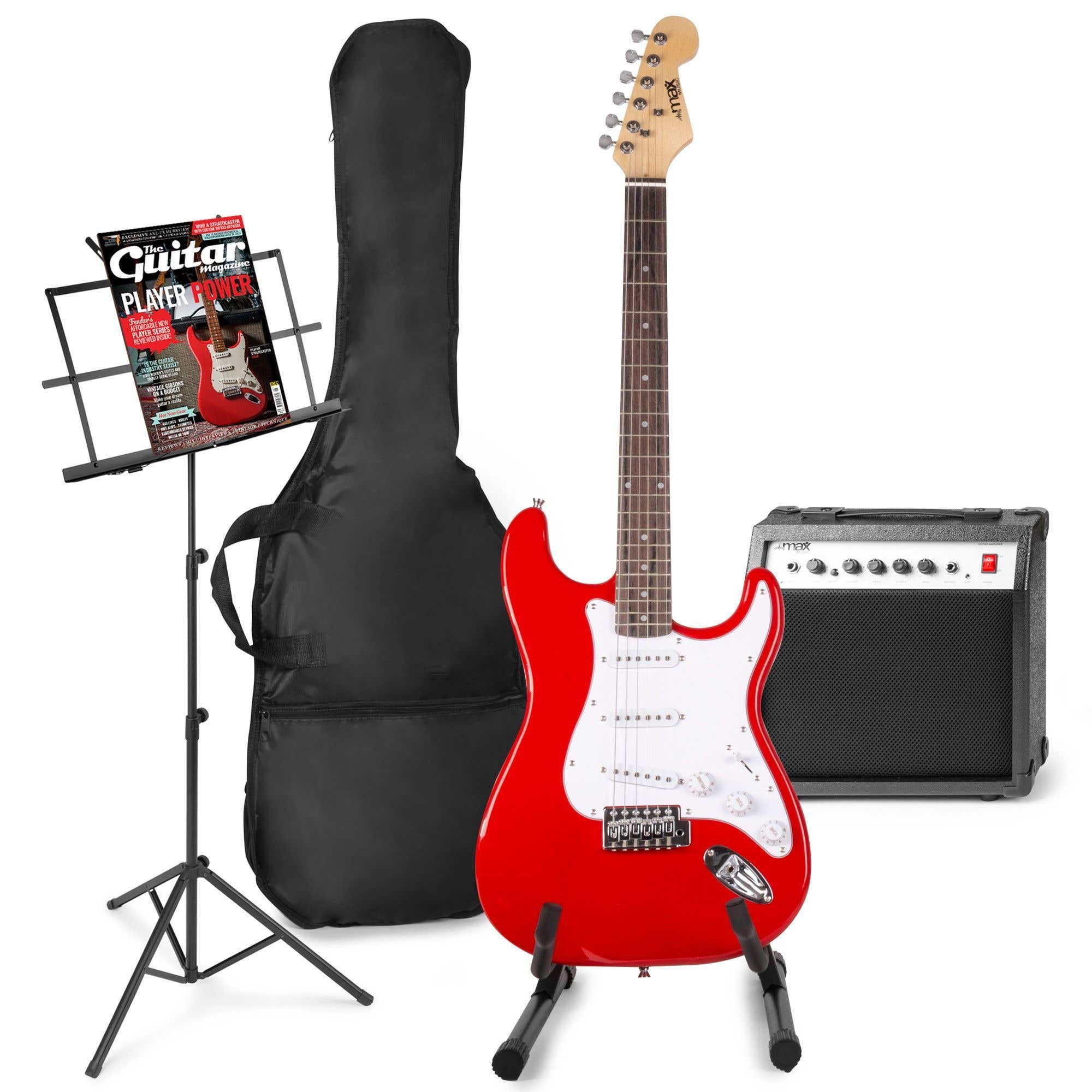 MAX GigKit elektrische gitaar set met o.a. muziek- en gitaarstandaard - Rood