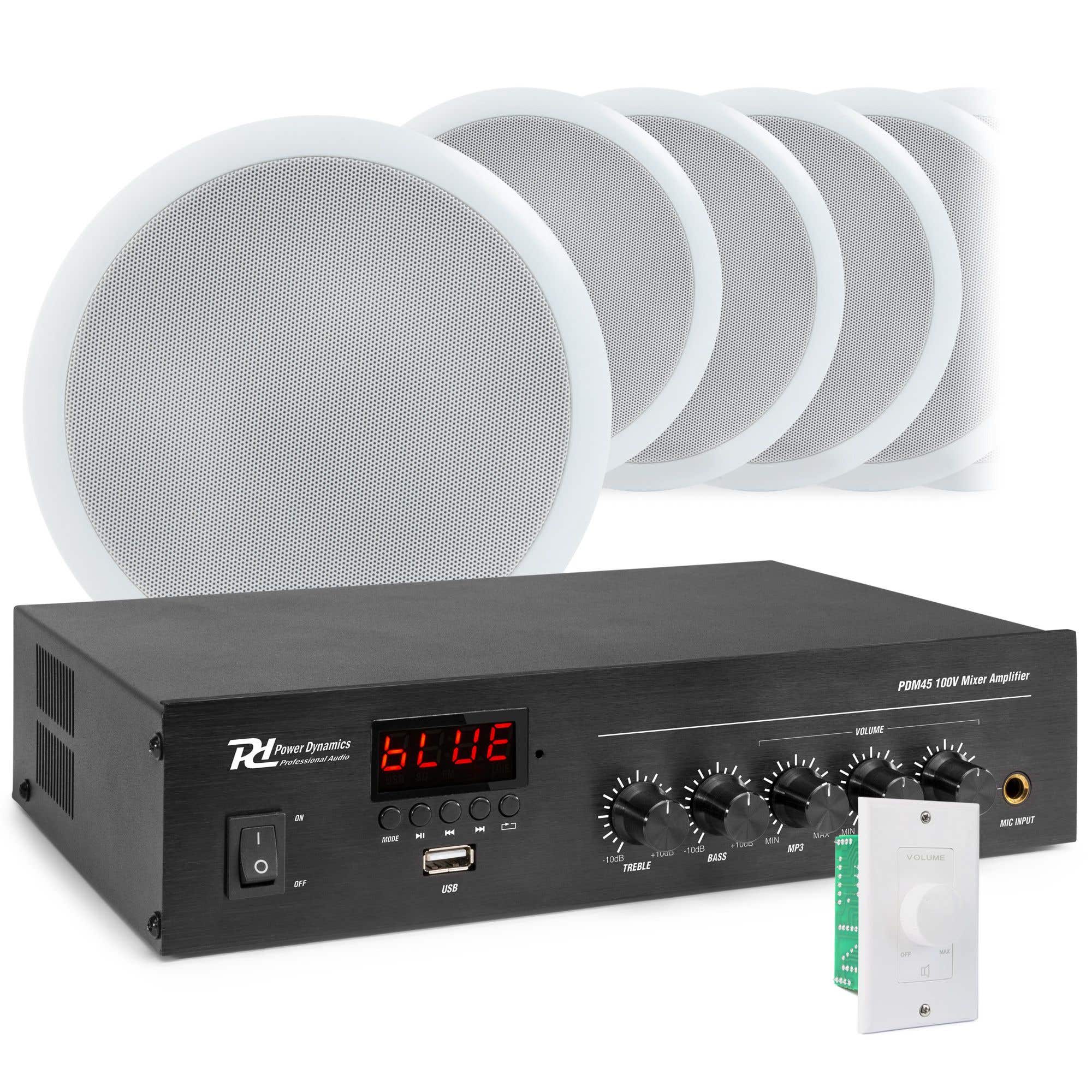 Geluidsinstallatie met 10 CSPB5 plafondspeakers en PDM45 versterker met Bluetooth van Power Dynamics
