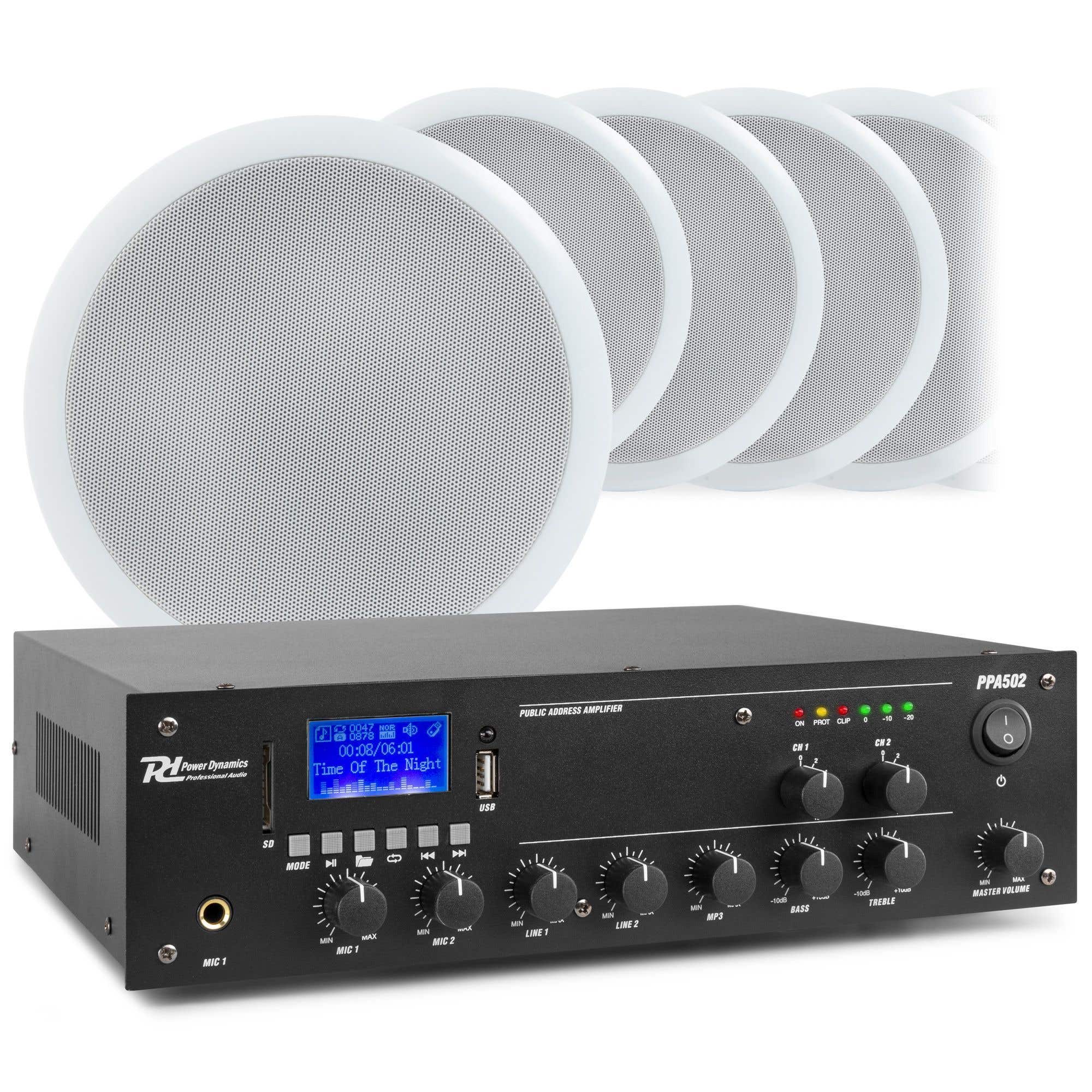 Power Dynamics 2-zone geluidsinstallatie met Bluetooth, PPA502 versterker en 10 plafondspeakers