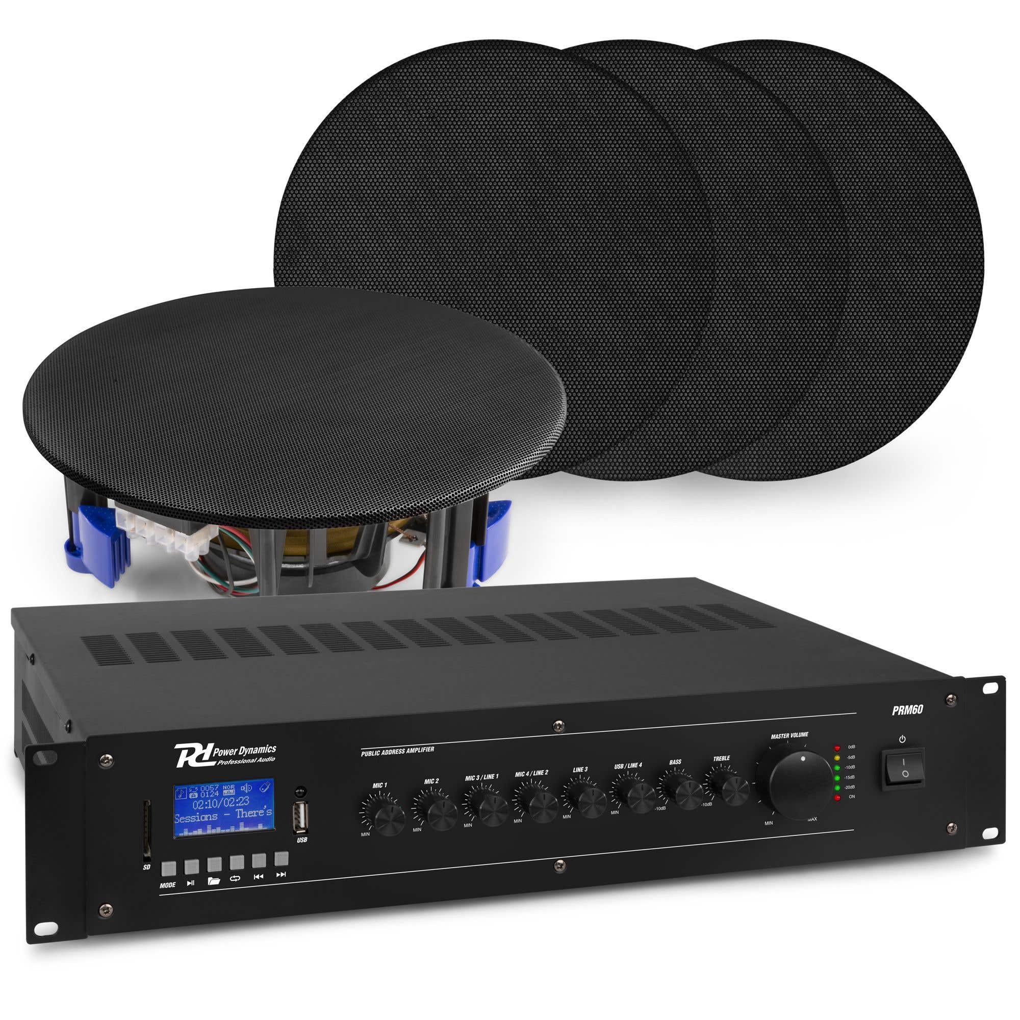 Geluidsinstallatie met 4x NCSP5B inbouw speaker en PRM60 versterker met Bluetooth van Power Dynamics
