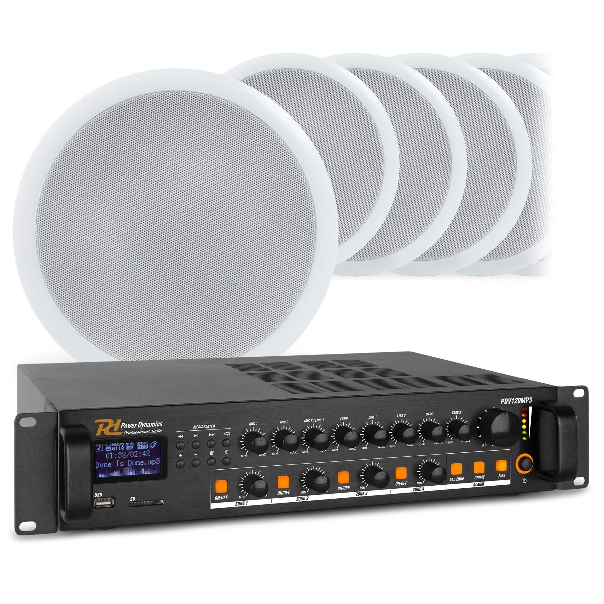 Geluidsinstallatie met 8 CSPB8 plafondspeakers en PDV120MP3 versterker met Bluetooth van Power Dynamics