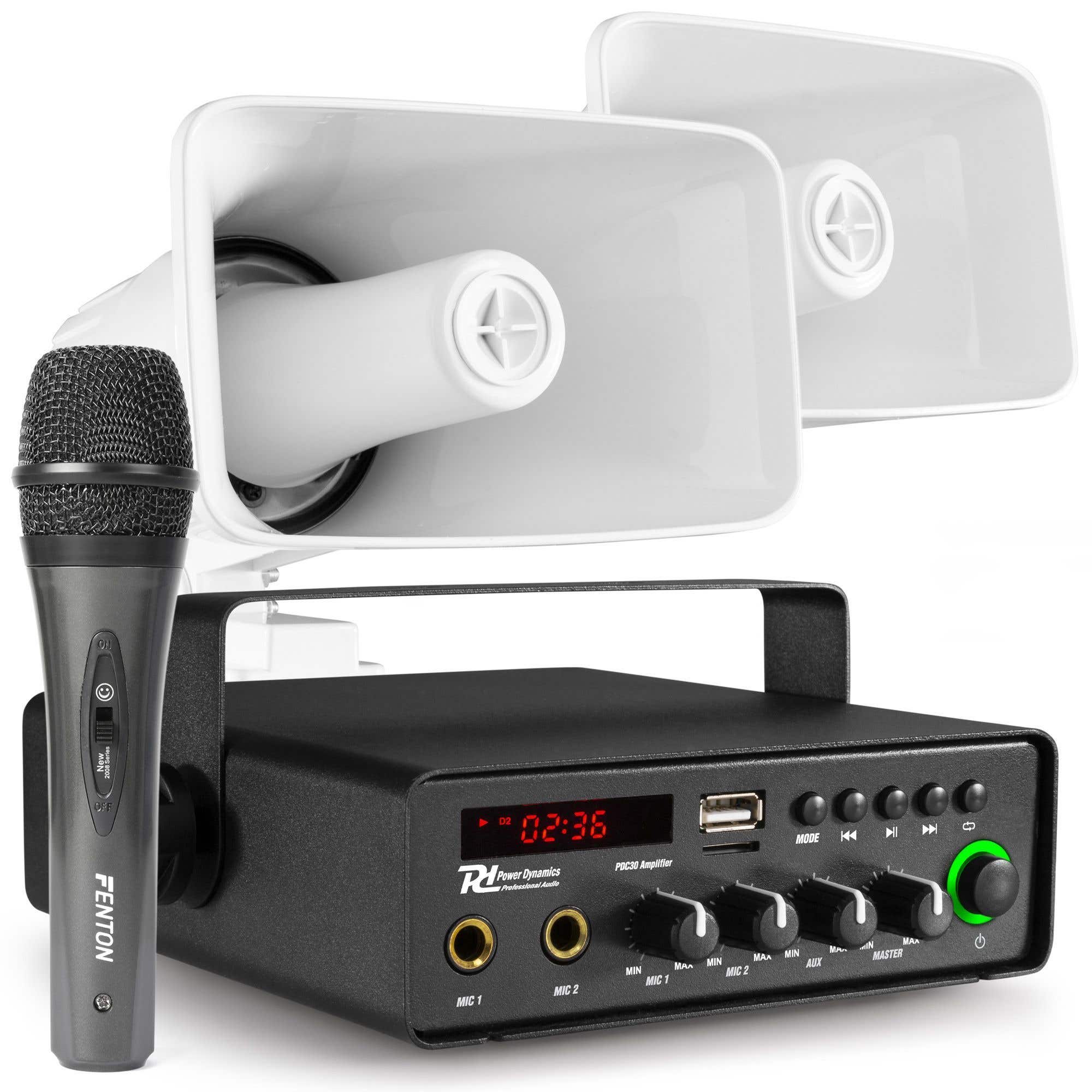 Power Dynamics omroepinstallatie auto met 2 speakers en microfoon - 30W - 12V