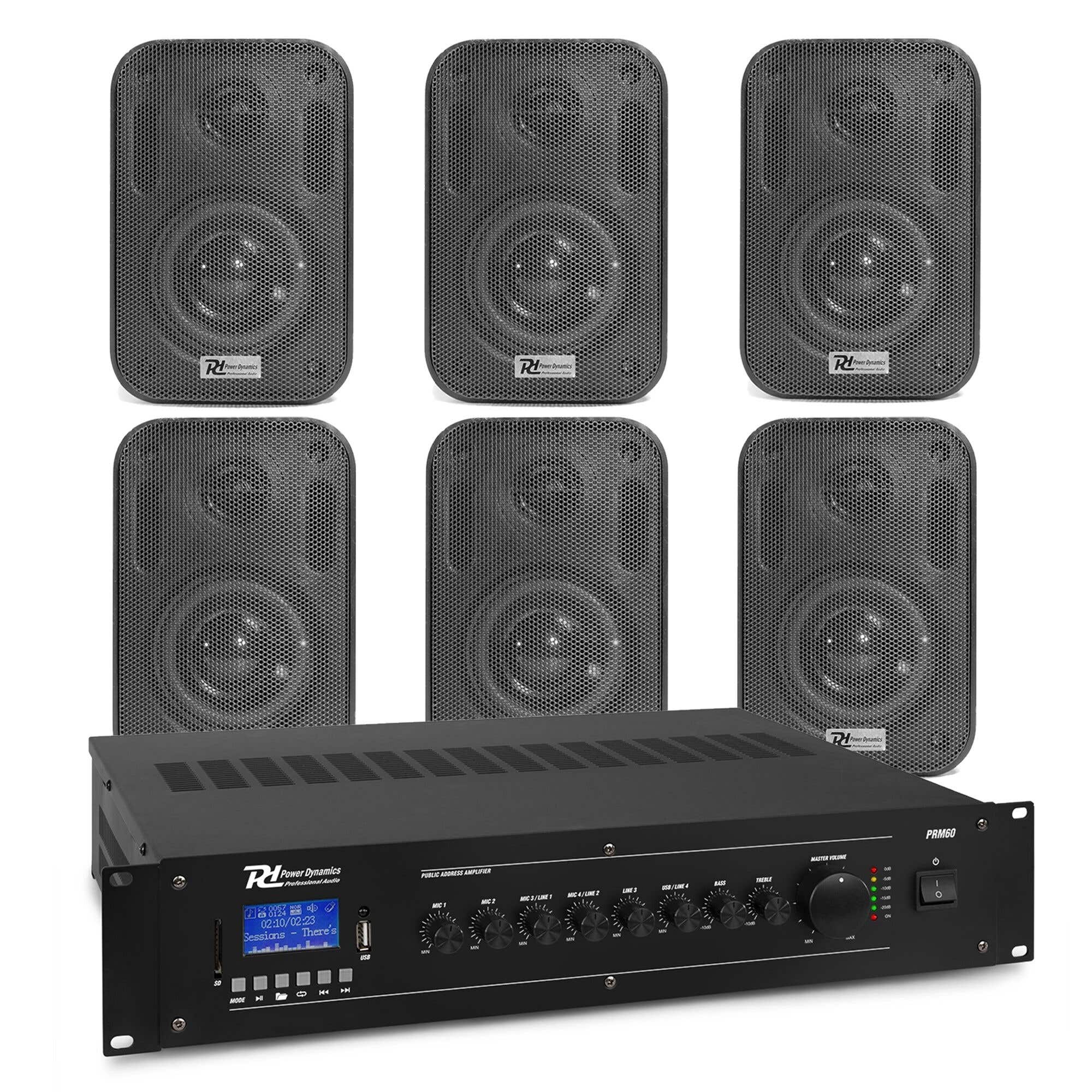 Power Dynamics buitenspeakerset - 6x zwarte 60W speakers en 100V versterker - Bluetooth & mp3 speler