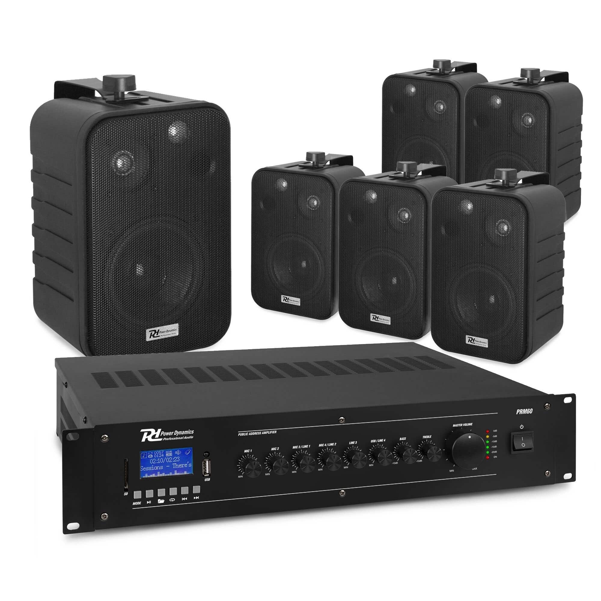 Power Dynamics 100V speakerset met 6 speakers en versterker - Bluetooth - 60W - Zwart 