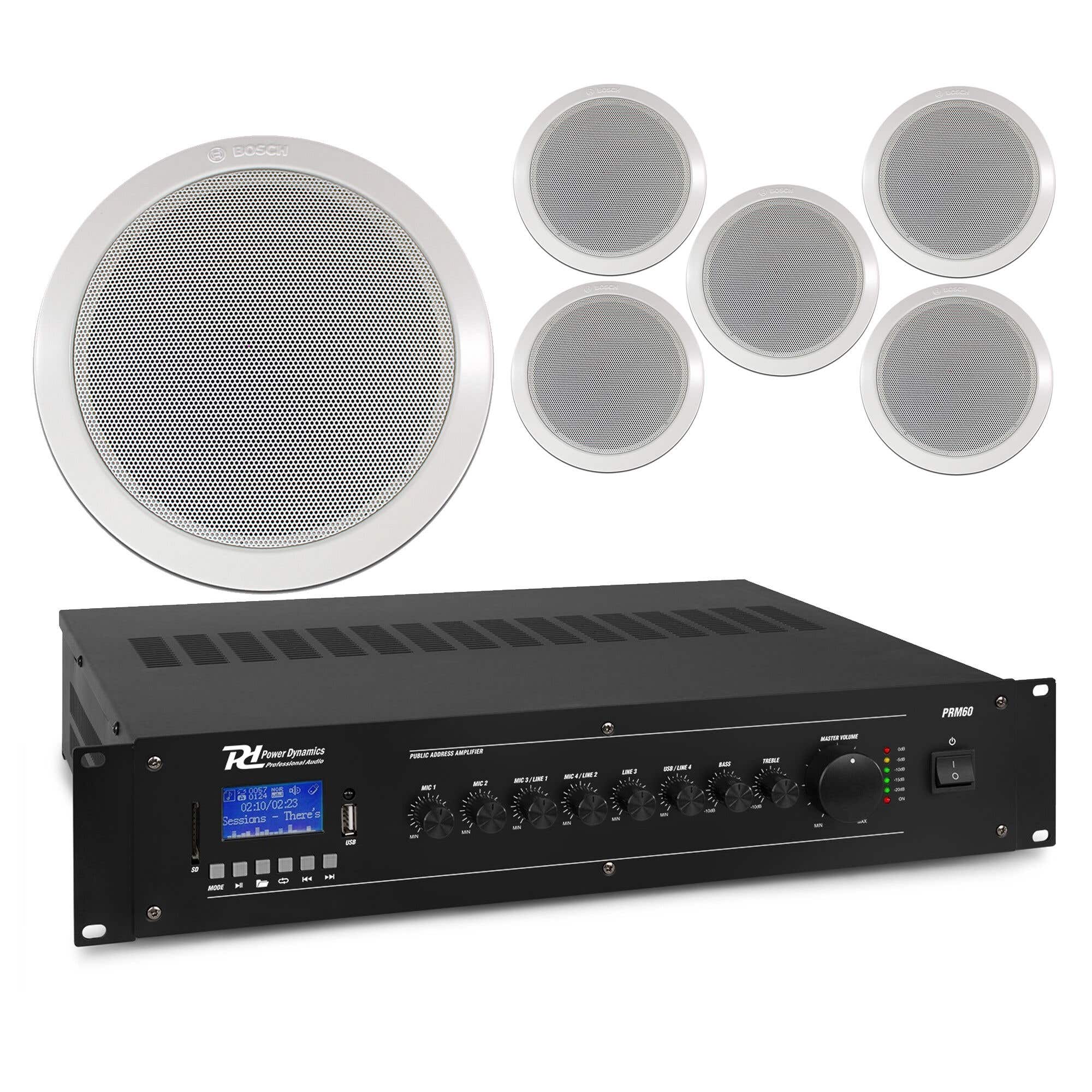 Power Dynamics Plafondspeaker set met 6 witte inbouwspeakers - 100V - Inclusief Bluetooth - 5 inch