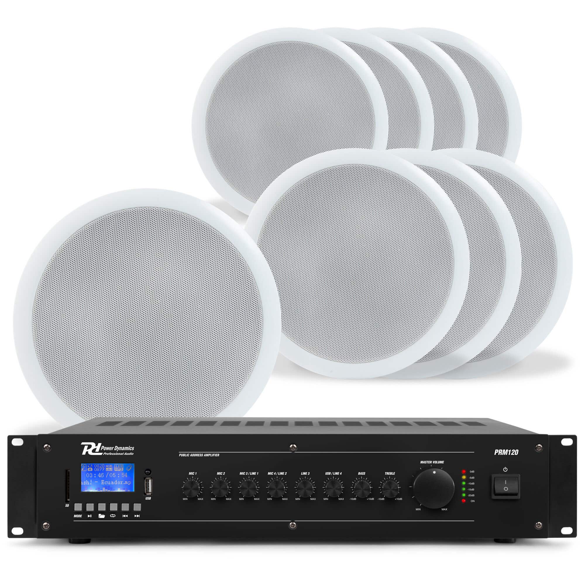 Power Dynamics 100V plafondspeaker set - 8 witte speakers en versterker - met Bluetooth - 120W