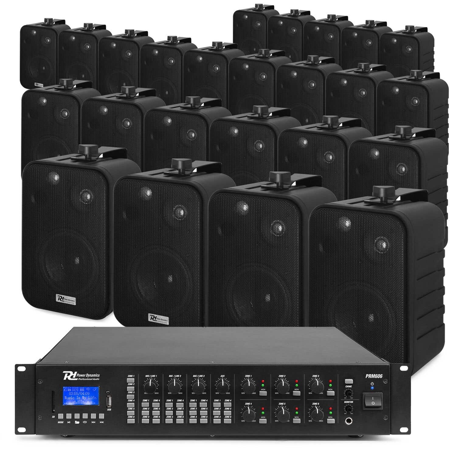 Power Dynamics complete opbouw speakerset - voor grootschalige bedrijfspanden - 100V - Zwart