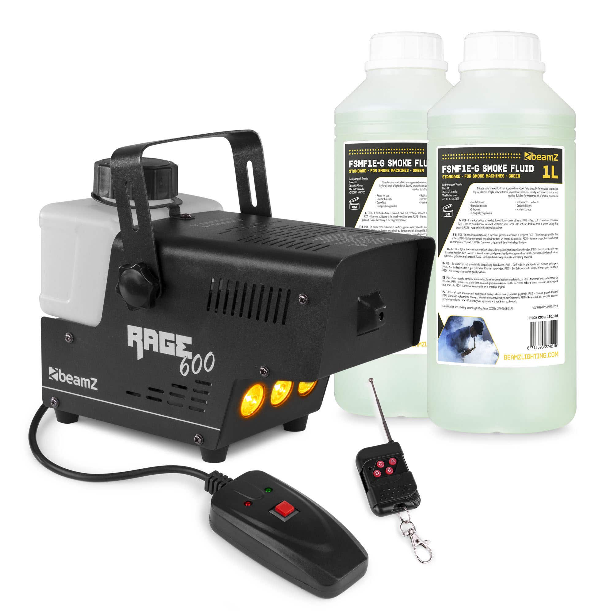 BeamZ RAGE600LED rookmachine met 2 liter rookvloeistof en draadloze afstandsbediening - 600W