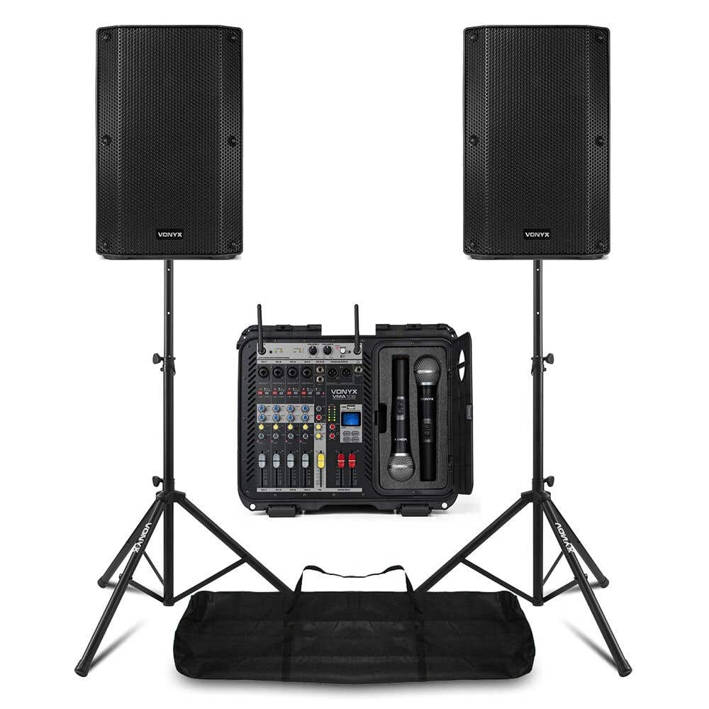 Vonyx Volledig PA systeem met 12 inch speakers, mixer en draadloze microfoons - Inclusief statieven 