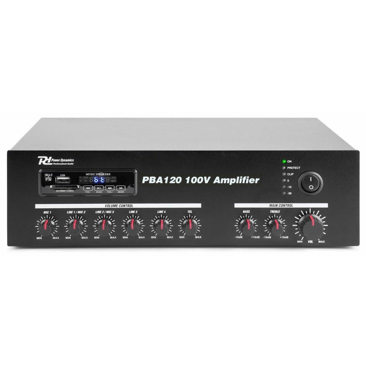 Power Dynamics PBA120 100V versterker 120W met mp3 speler, tuner en Bluetooth