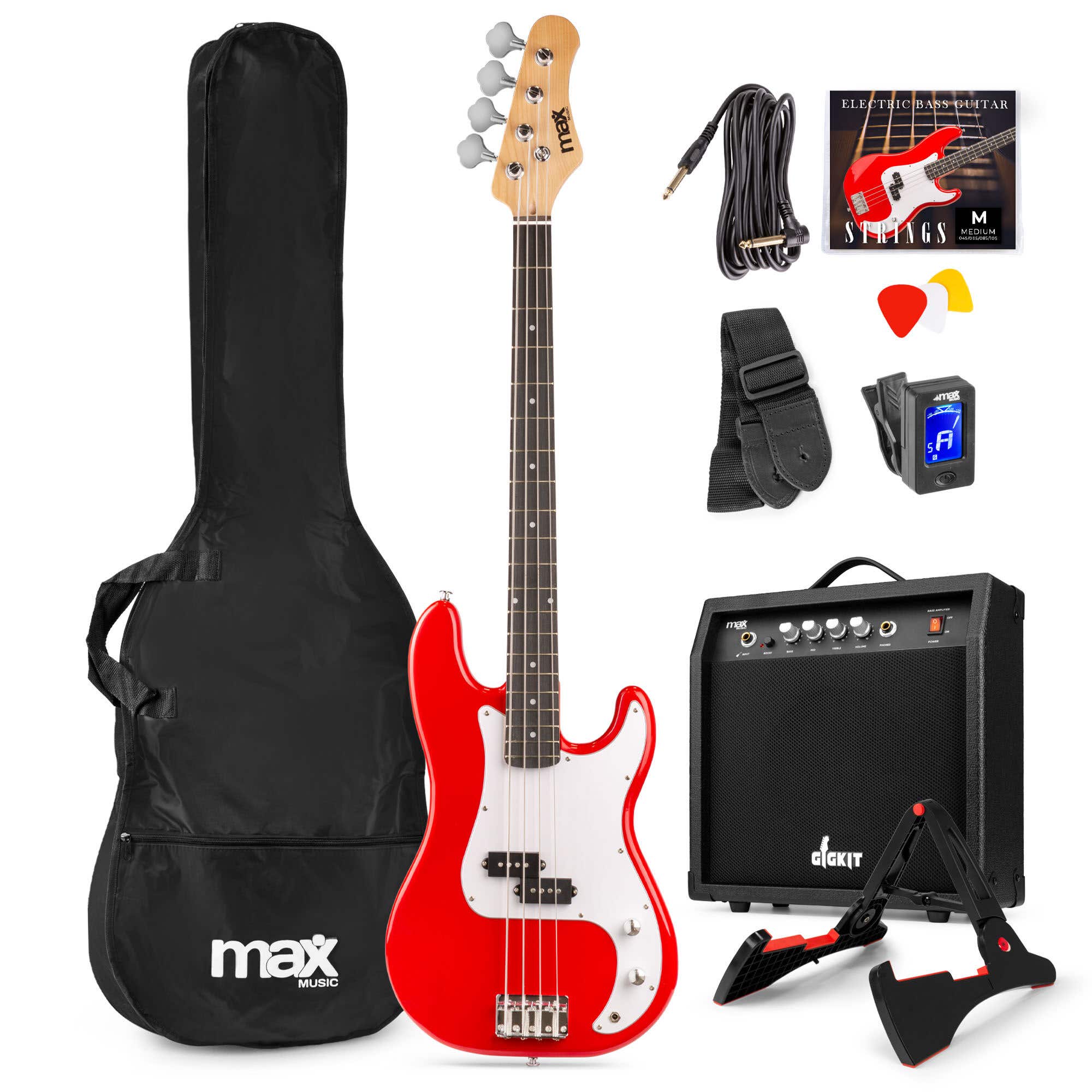 Max Gigkit Basgitaar met 40 Watt versterker - Gitaarstandaard - Gitaartas - Rood