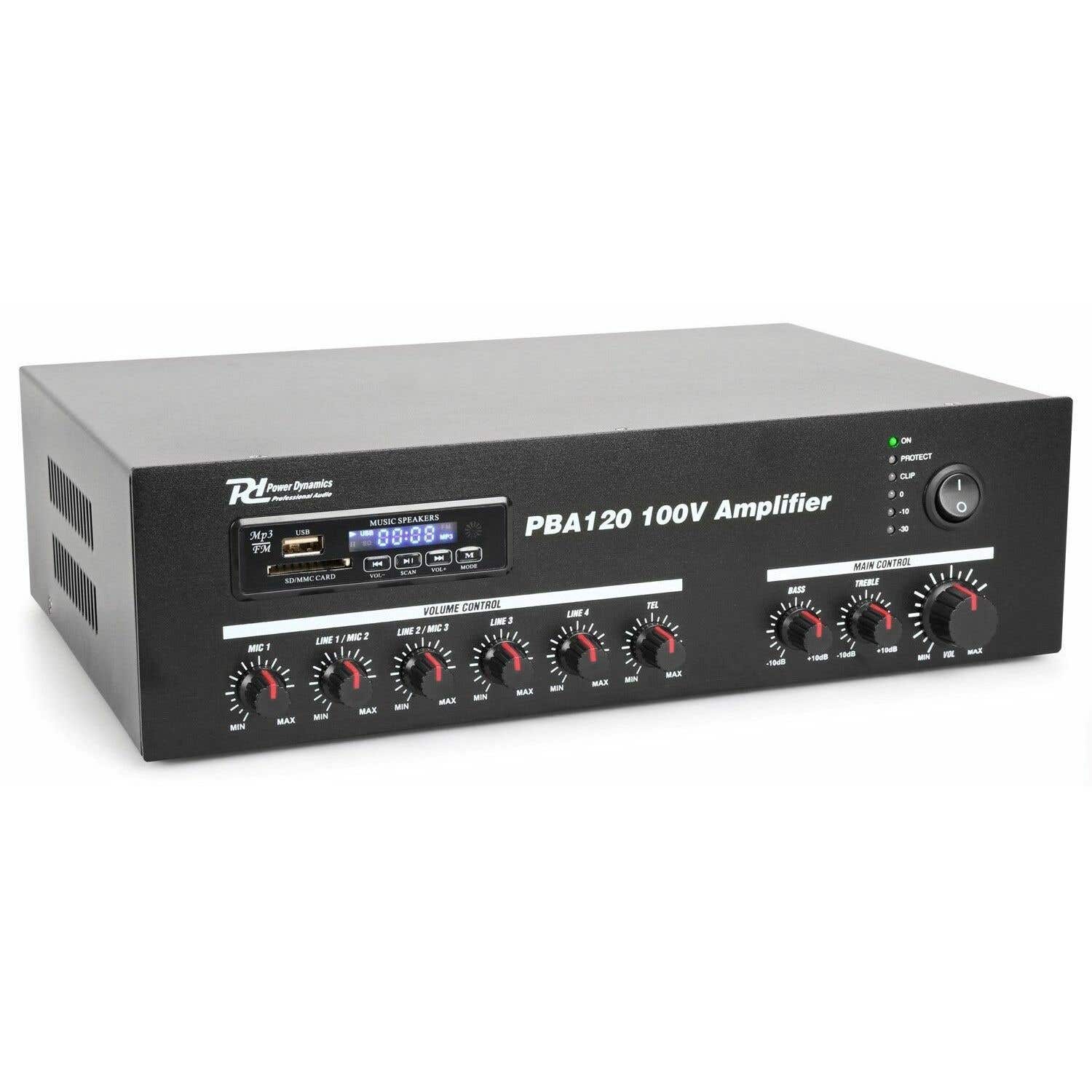 Power Dynamics PBA120 100V versterker 120W met mp3 speler, tuner en Bluetooth