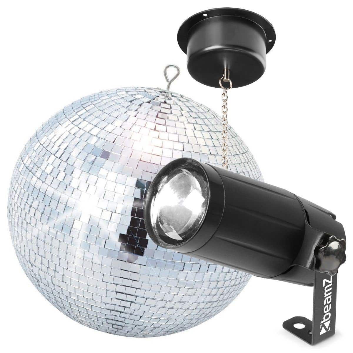 BeamZ MB30 - Discokugel mit Motor und Licht, 30 cm Diskokugel mit Antrieb, Batterie, Disco Ball, Spiegelkugel mit stabiler Metallöse, Discokugel Deko für Clubs, Bars Discos und Events