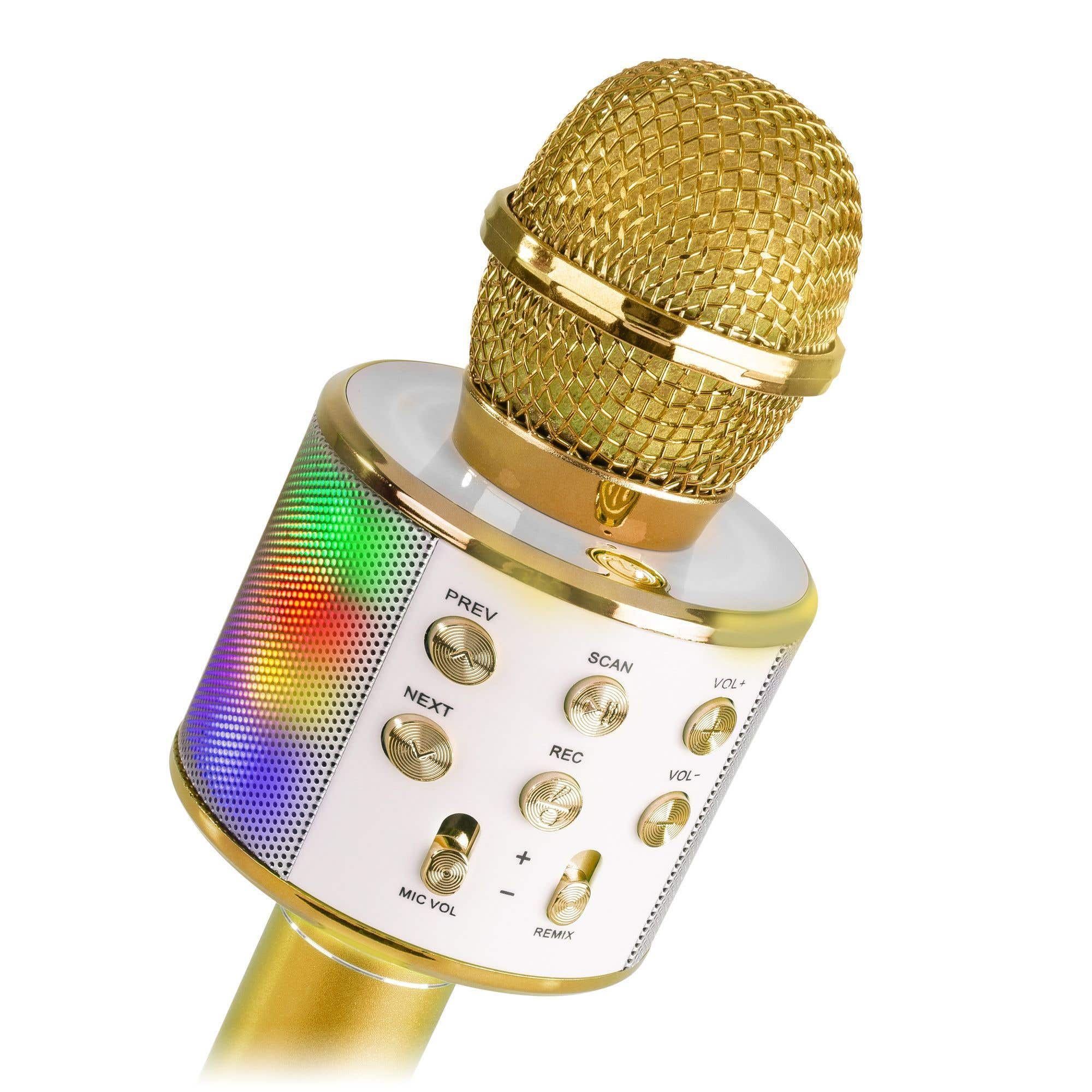 MAX KM15G Karaoke microfoon met ingebouwde LED's, speaker, Bluetooth en mp3 - Goud