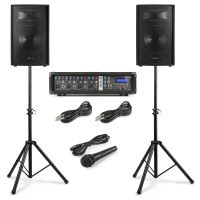 Vonyx VX210 Complete geluidsinstallatie voor zang - 2x 10 inch speakers - 4 kanaalsmixers met ingebouwde versterker -  2x speakerstandaard 