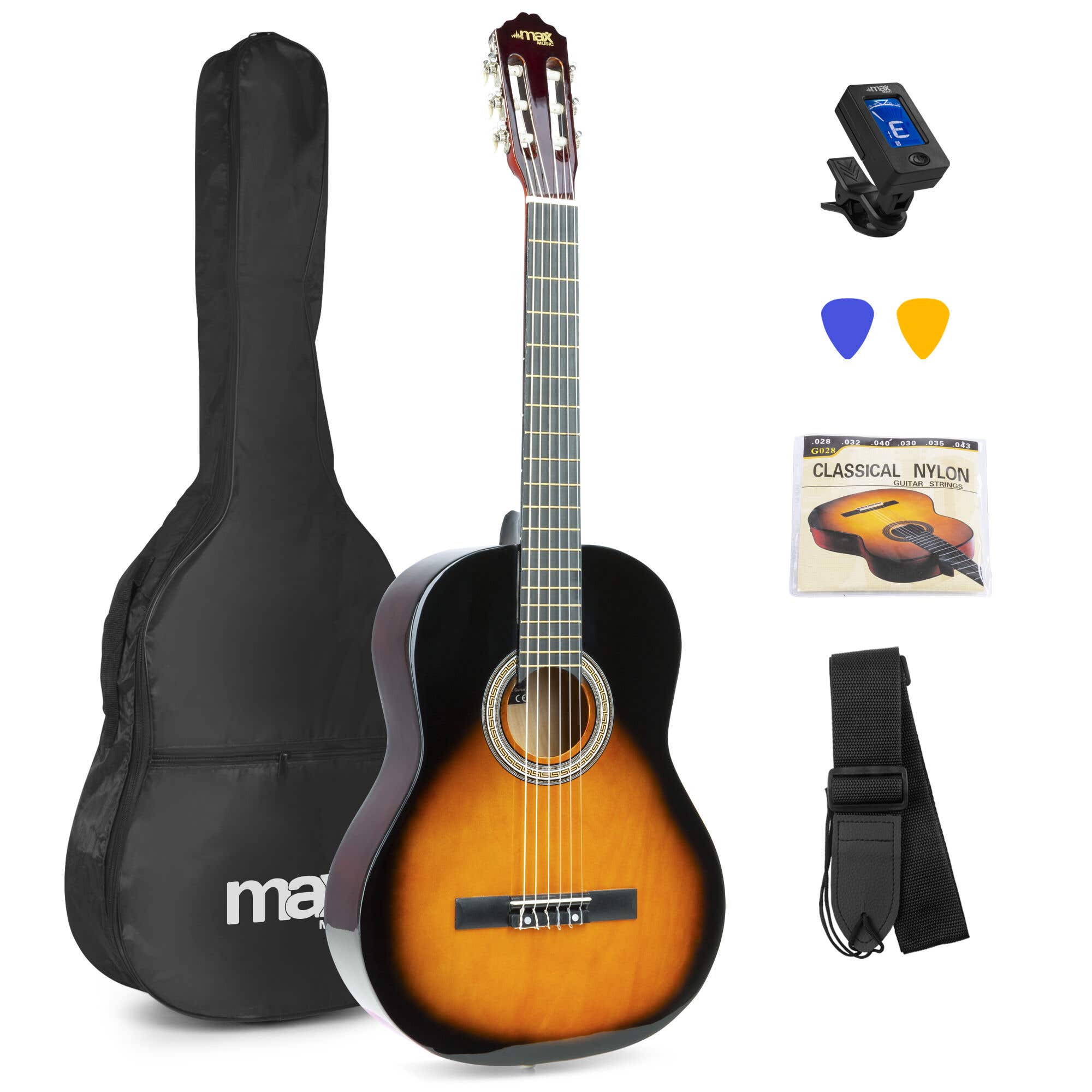 Akoestische Gitaar Starterset - MAX SoloArt - Met Klassieke Gitaar/Spaanse Gitaar, voetsteun, gitaar stemapparaat, gitaartas en accessoires - Bruin ( hout
