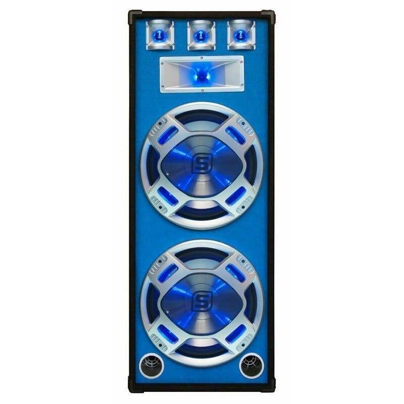 SkyTec PA DJ Luidspreker blauw 2 x 15" 1000W met Disco LED Verlichting