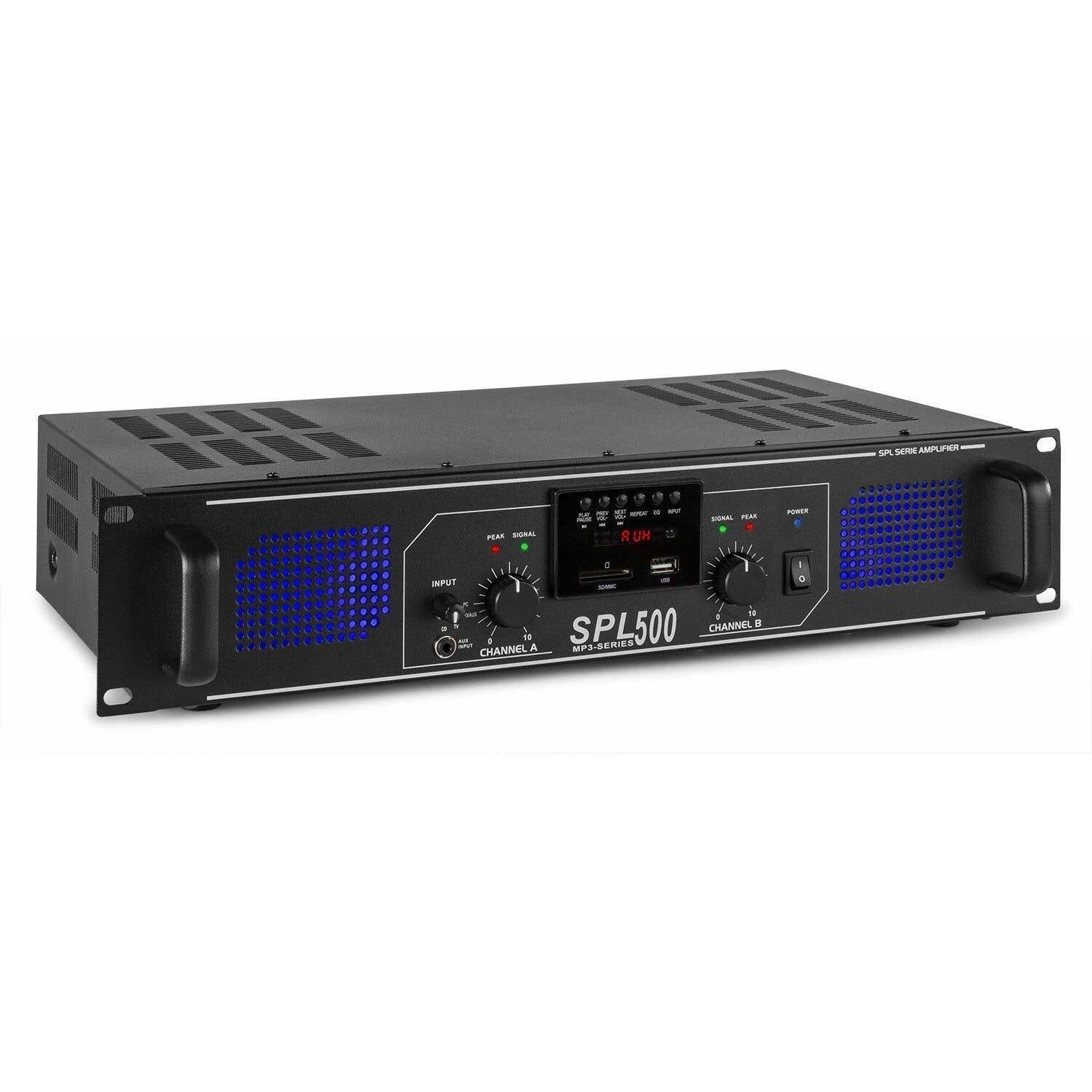 SkyTec 2 x 250W DJ PA versterker SPL500MP3 met USB MP3 speler