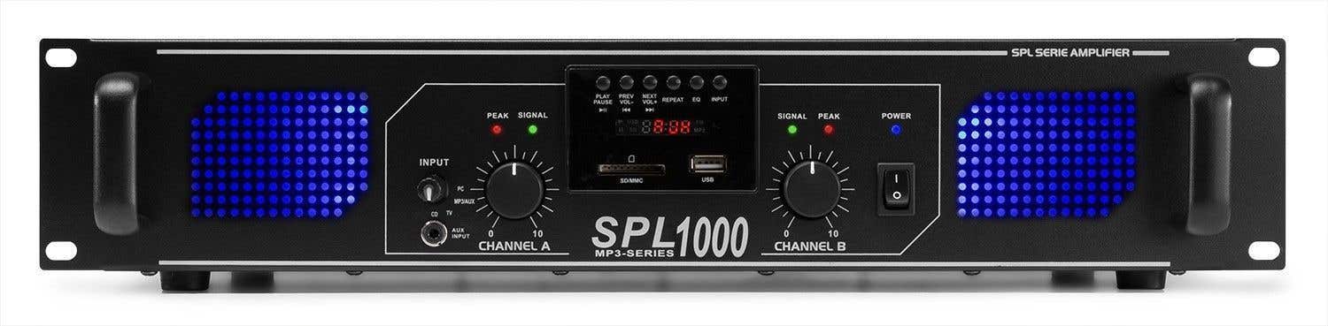 SkyTec 2 x 500W DJ PA versterker SPL1000MP3 met USB MP3 speler