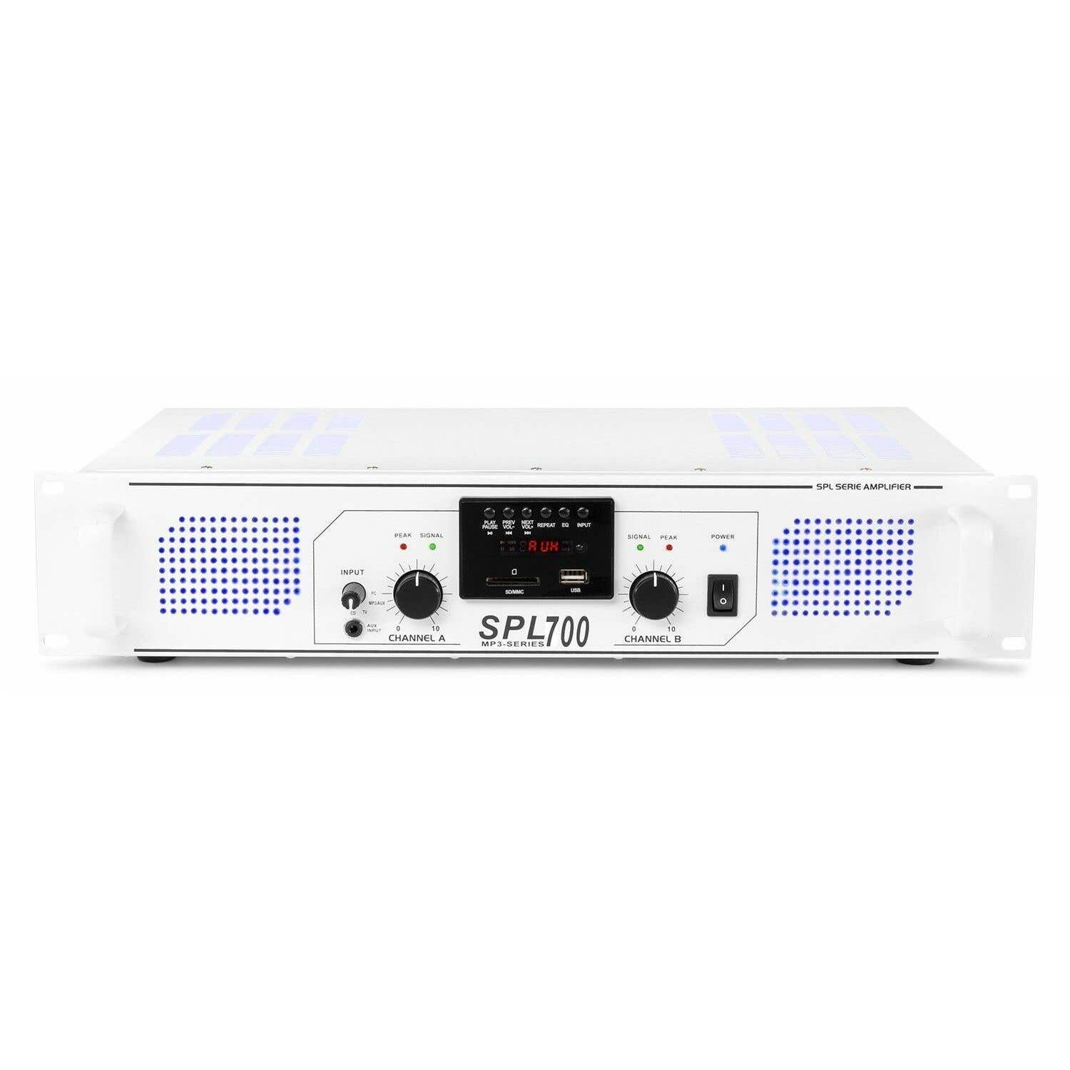 SkyTec 2 x 350W DJ PA versterker SPL700MP3 met USB MP3 speler - Wit