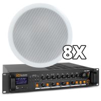 Power Dynamics 100V Speakers (8x) en 4-zone Bluetooth, USB, FM Versterker
