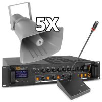 100V omroepinstallatie met 5 speakers, Bluetooth en mp3 speler voor sportveld, fabriekshal, etc. 200W