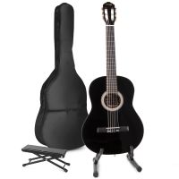 MAX SoloArt klassieke akoestische gitaar met gitaarstandaard en voetsteun - Zwart