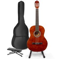 MAX SoloArt klassieke akoestische gitaar met gitaarstandaard en voetsteun - Bruin (hout)