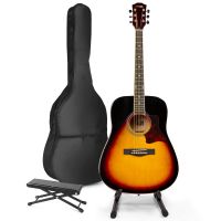 MAX SoloJam Western akoestische gitaar met gitaarstandaard en voetsteun - Sunburst