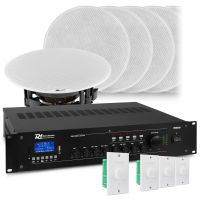 4-zone geluidsinstallatie met o.a 8x FCS5 inbouw speaker, 240W 100V versterker en 4x volume regelaar