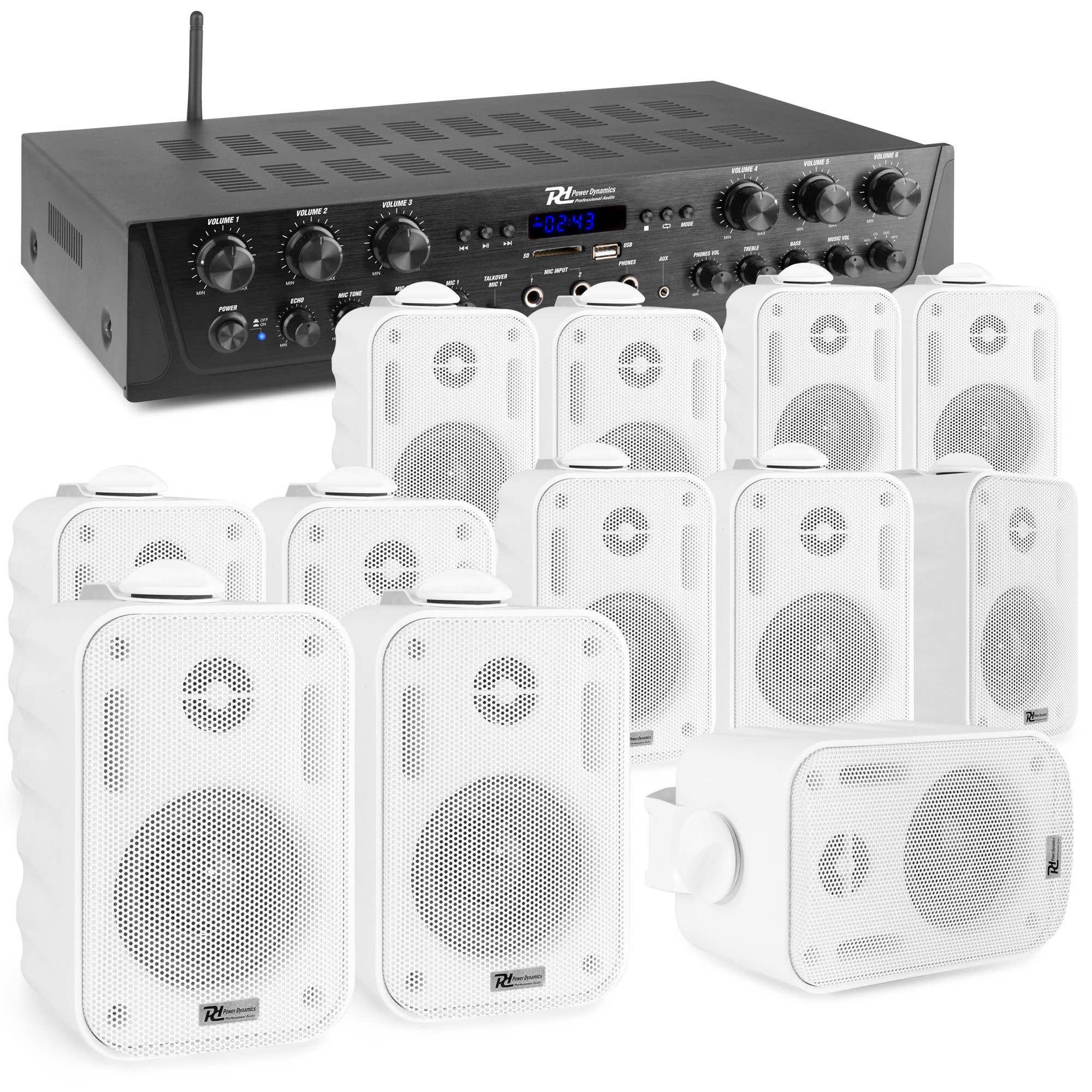 Power Dynamics PV260BT geluidsinstallatie - 12 BGO30 witte opbouw speakers - 6-zone stereo versterker - Bluetooth