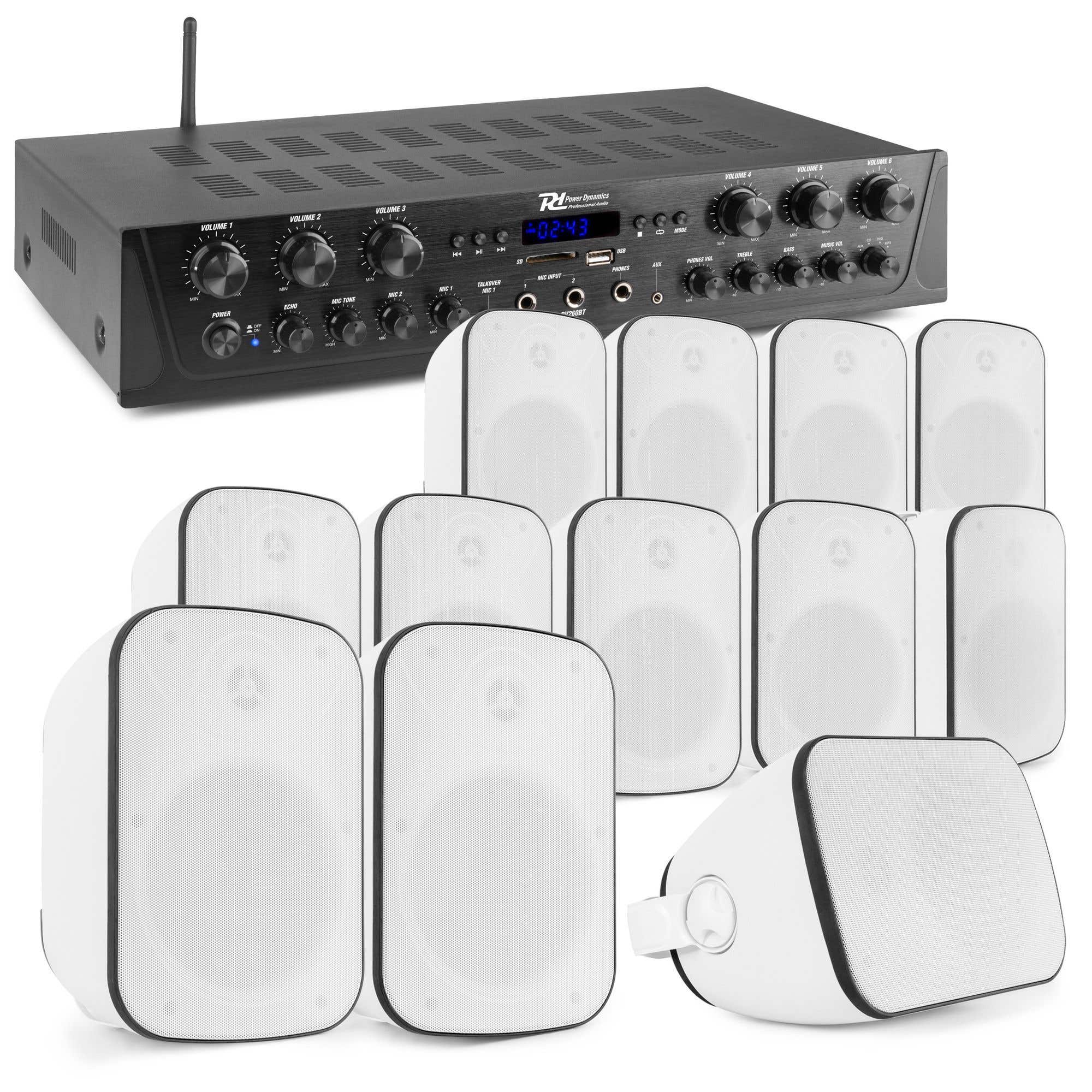 Power Dynamics geluidsinstallatie met PV260BT 6-zone stereo versterker en 12 BD50W in-/outdoor opbouw speakers