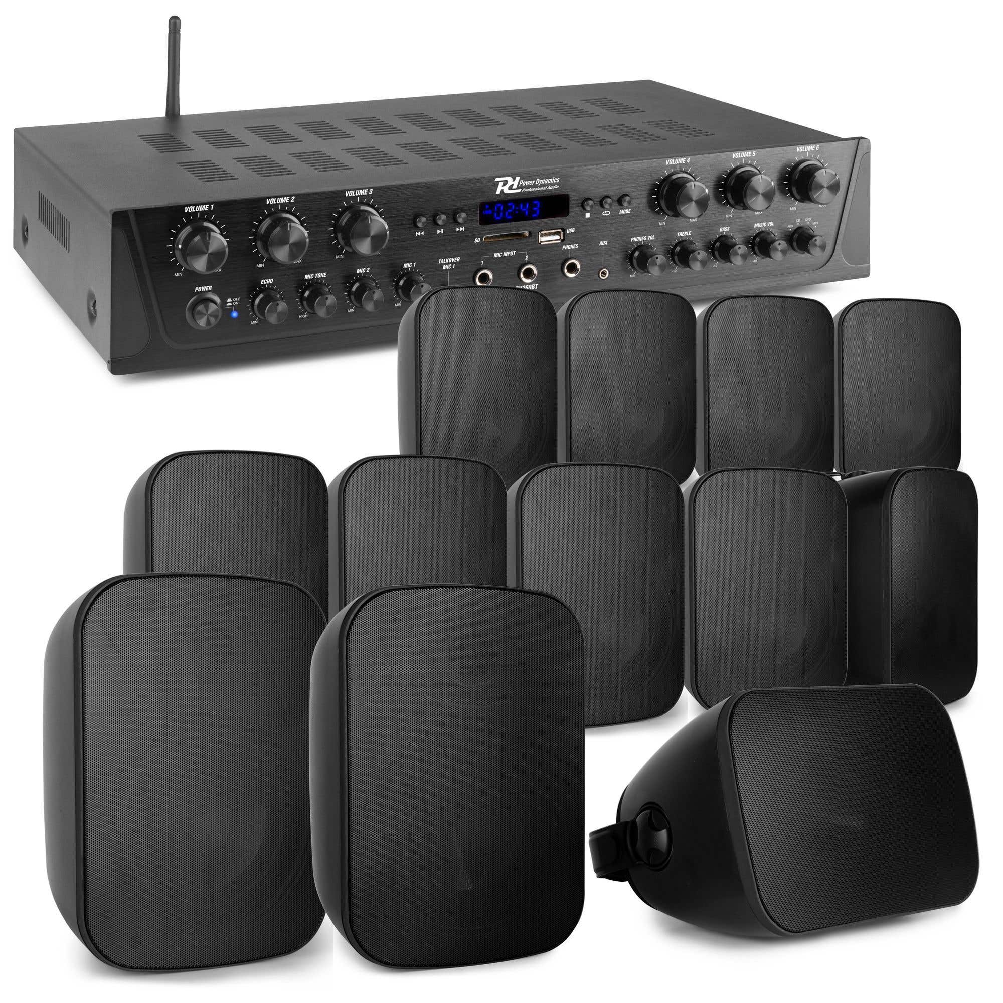 Power Dynamics geluidsinstallatie met PV260BT 6-zone stereo versterker en 12 BD50B in-/outdoor opbouw speakers